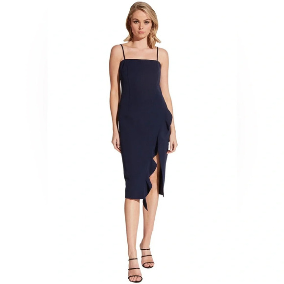 NWT Bardot Carmelle Midi Dress Navy Front Slit Ruffle Cocktail Size US 4/XS - Picture 1 of 6